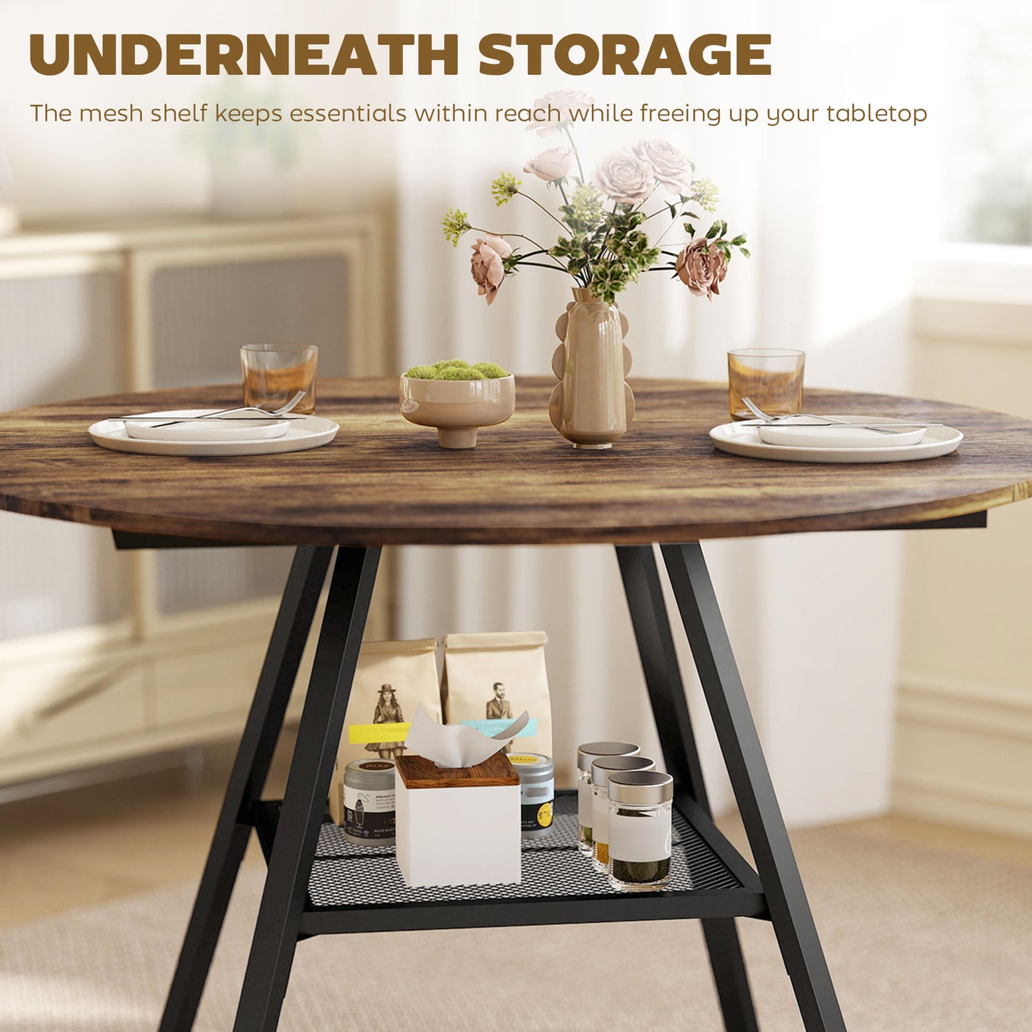 HOMCOM Round Dining Table 100 Cm Seats 4 With Storage Shelf Rustic Brown Industrial Design