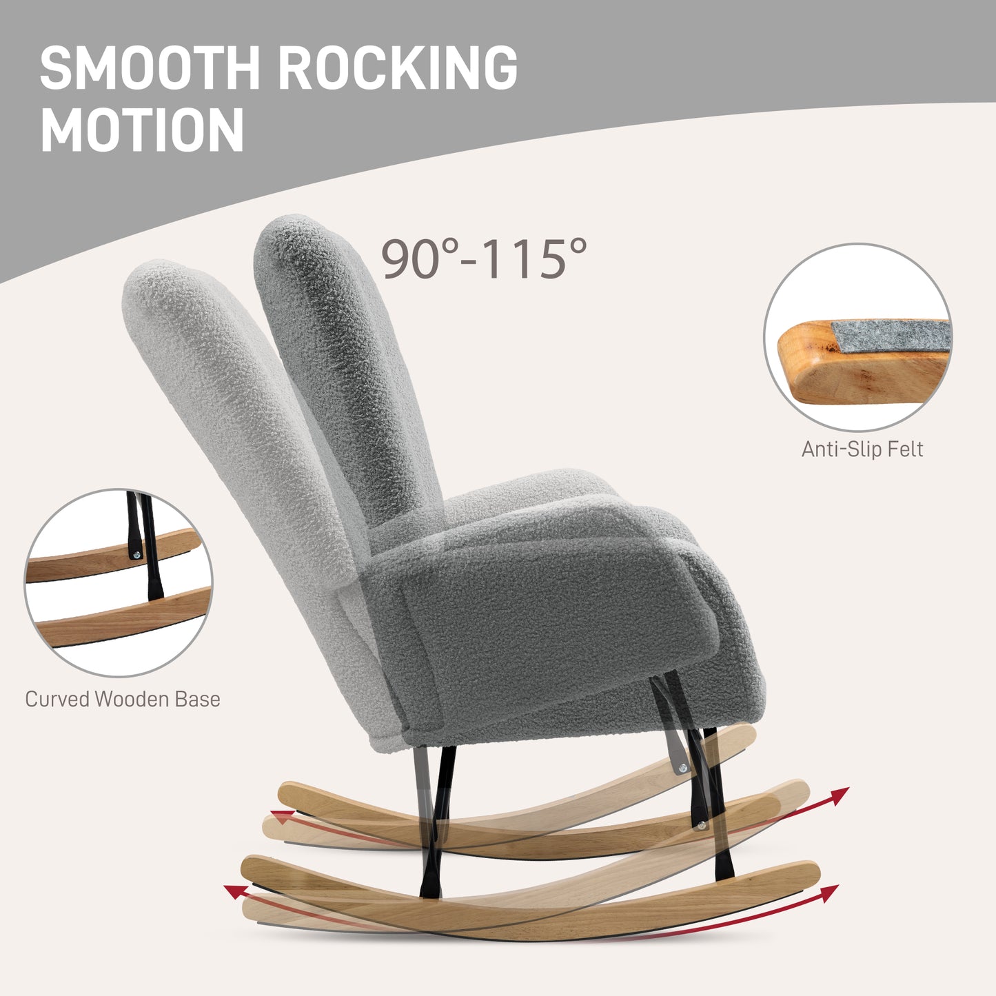 HOMCOM Teddy Fleece Rocking Chair Grey With High Density Foam Padding And Wooden Feet For Gentle 90 To 115 Degree Sway