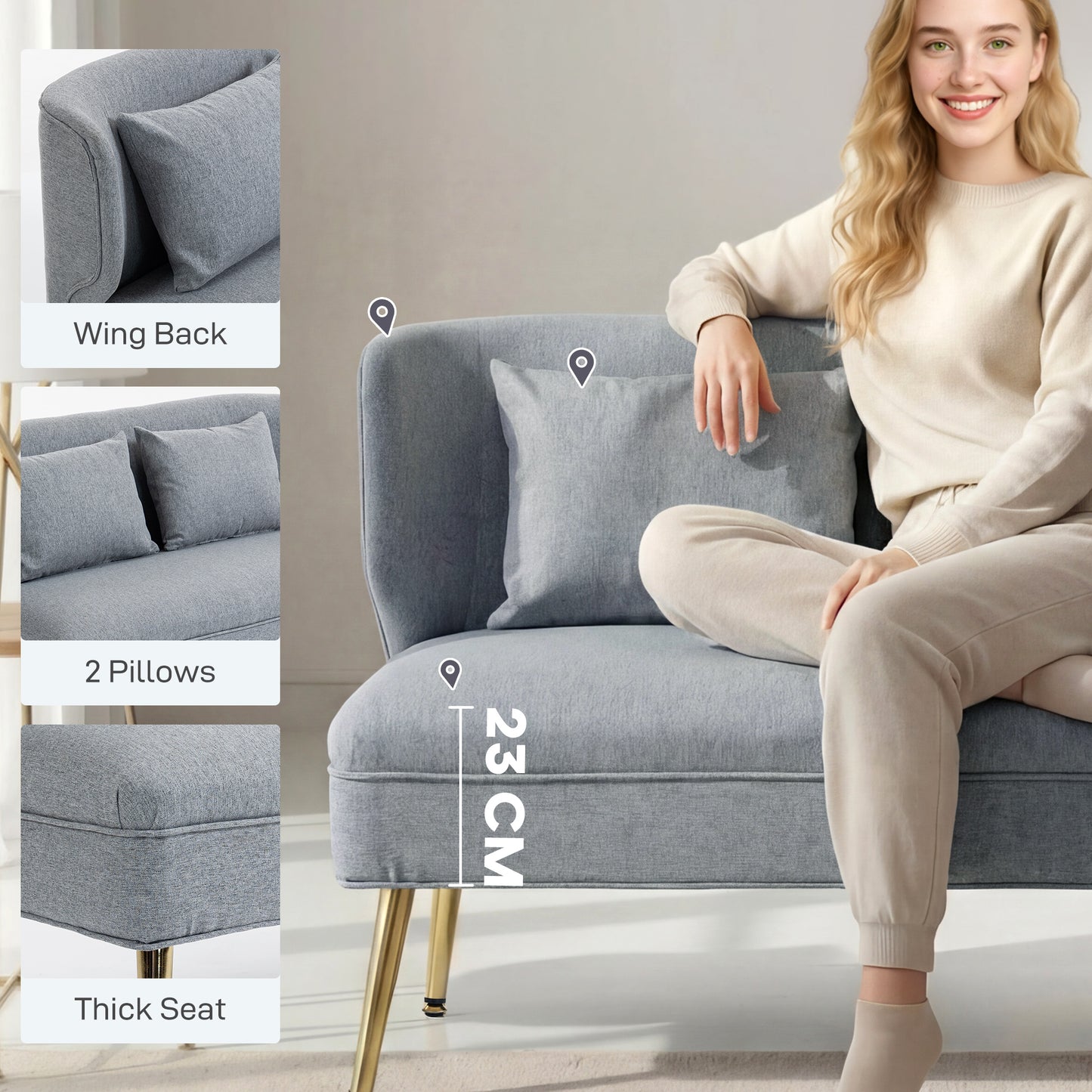 HOMCOM 2 Seater Sofa In Linen Look Fabric With Wing Back Thick Foam Seat Metal Legs Light Grey