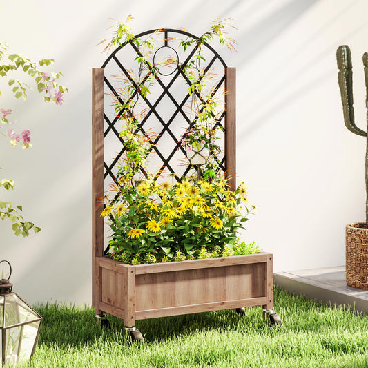 Outsunny Wooden Planter With Metal Trellis On Wheels Two In One 20x47cm Diamond Shaped Trellis Brown Black