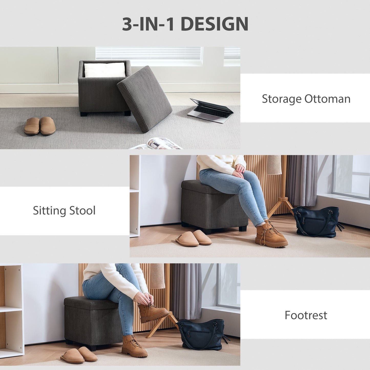 HOMCOM Corduroy Storage Ottoman Bench With Wooden Legs 40cm Bed End Bench 30L Storage Grey For Living Room Entryway