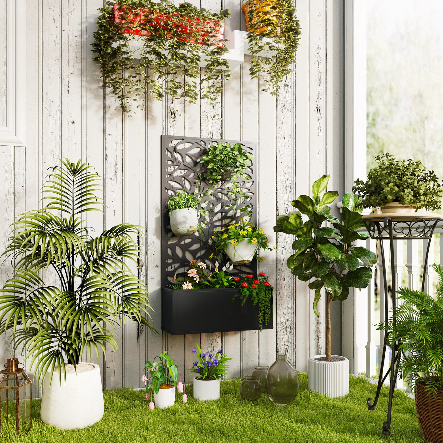 Outsunny Outdoor Metal Planter With Back Trellis Black Powder Coated 23 x 58 cm 32L Soil Capacity