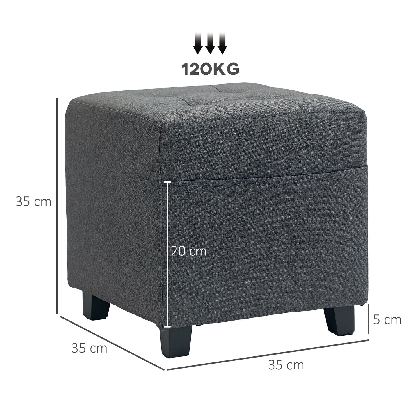 HOMCOM Square Footstool With Side Pocket Linen Fabric Ottoman Padded Seat Rubber Wood Legs Grey 35cm