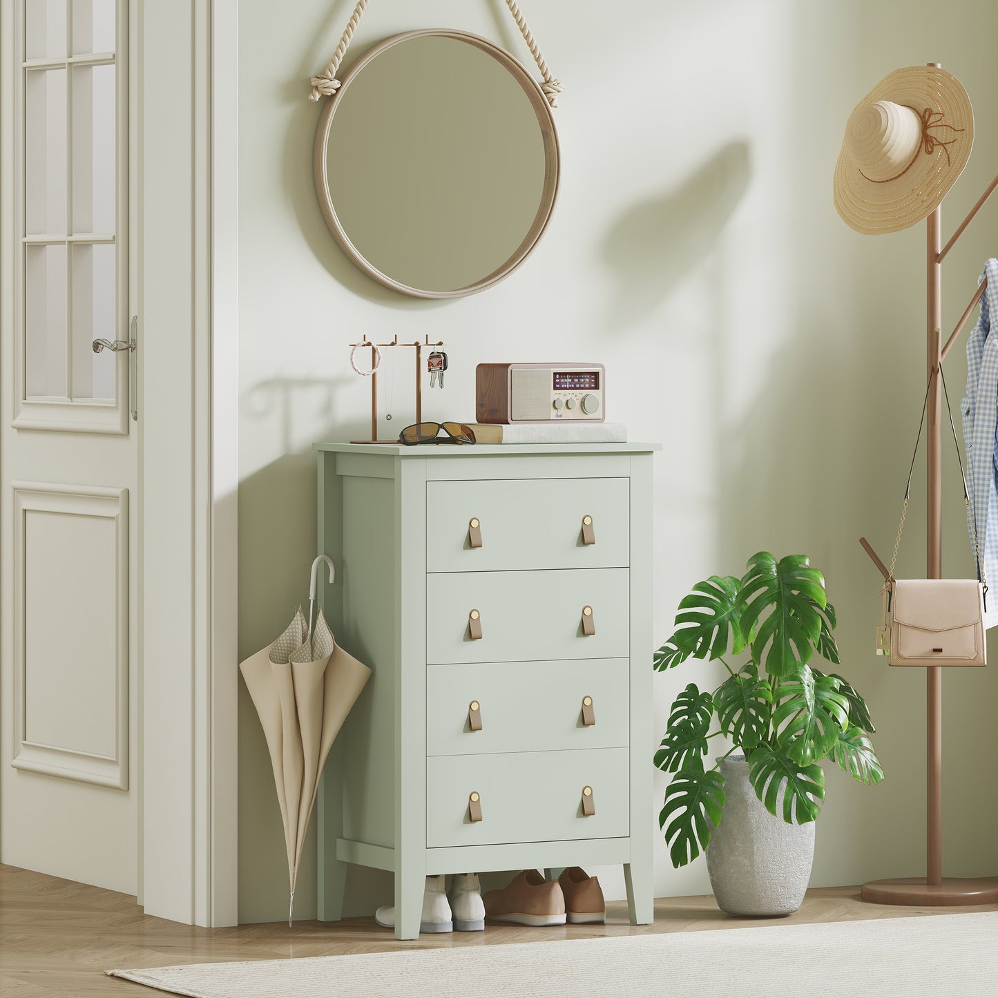 HOMCOM Modern 4 Drawer Dresser Cabinet For Living Room With PU Leather Handles And Metal Runners 60 X 40 X 98 Cm Green