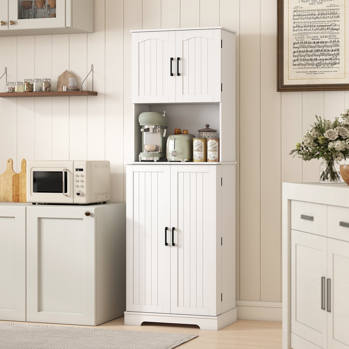 HOMCOM 181.5 cm Freestanding Storage Cabinet Tall Kitchen Cupboard With Adjustable Shelves And 8 Door Spice Racks White
