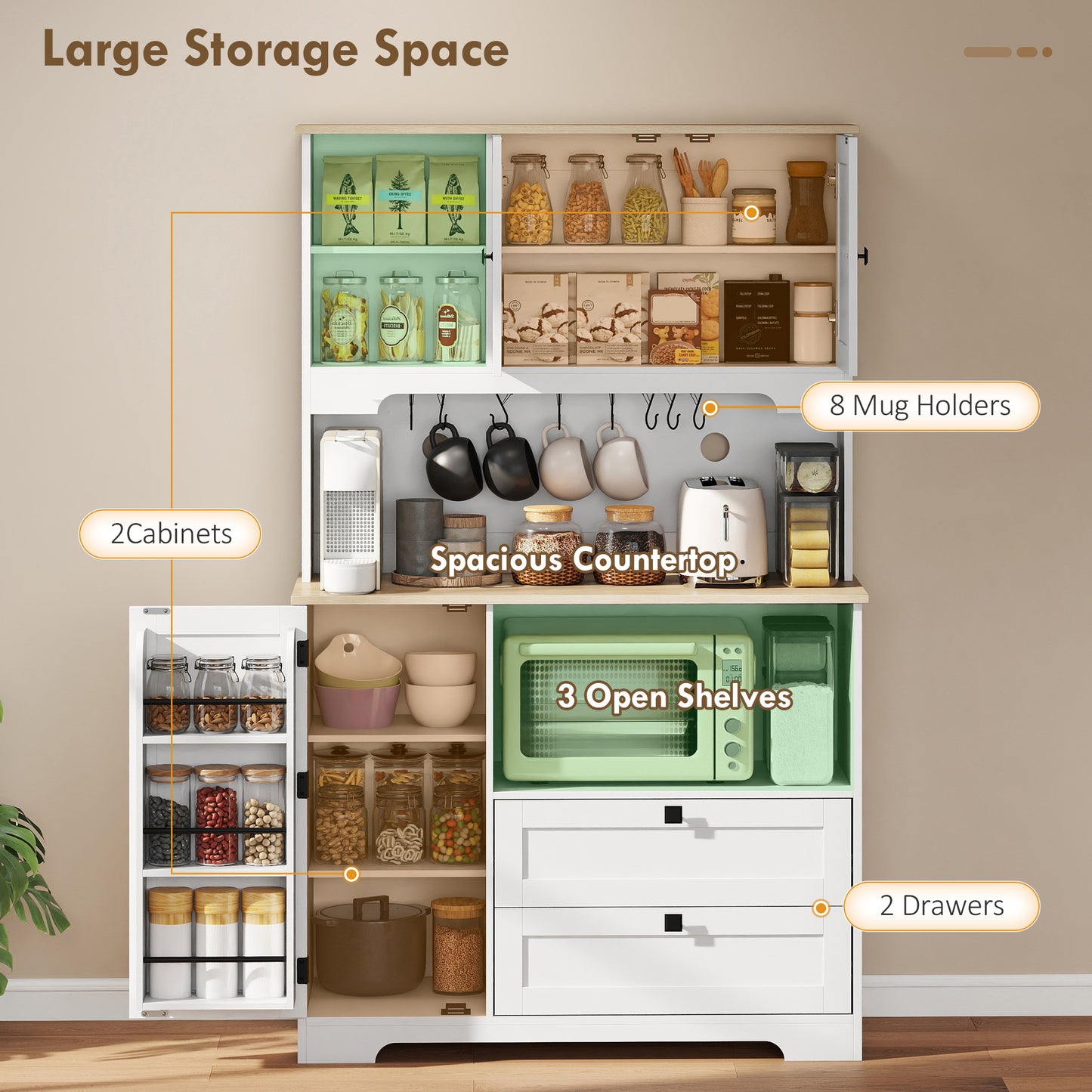 HOMCOM Freestanding Kitchen Cabinet With 2 Cabinets, 2 Drawers, Open And Adjustable Shelves, White