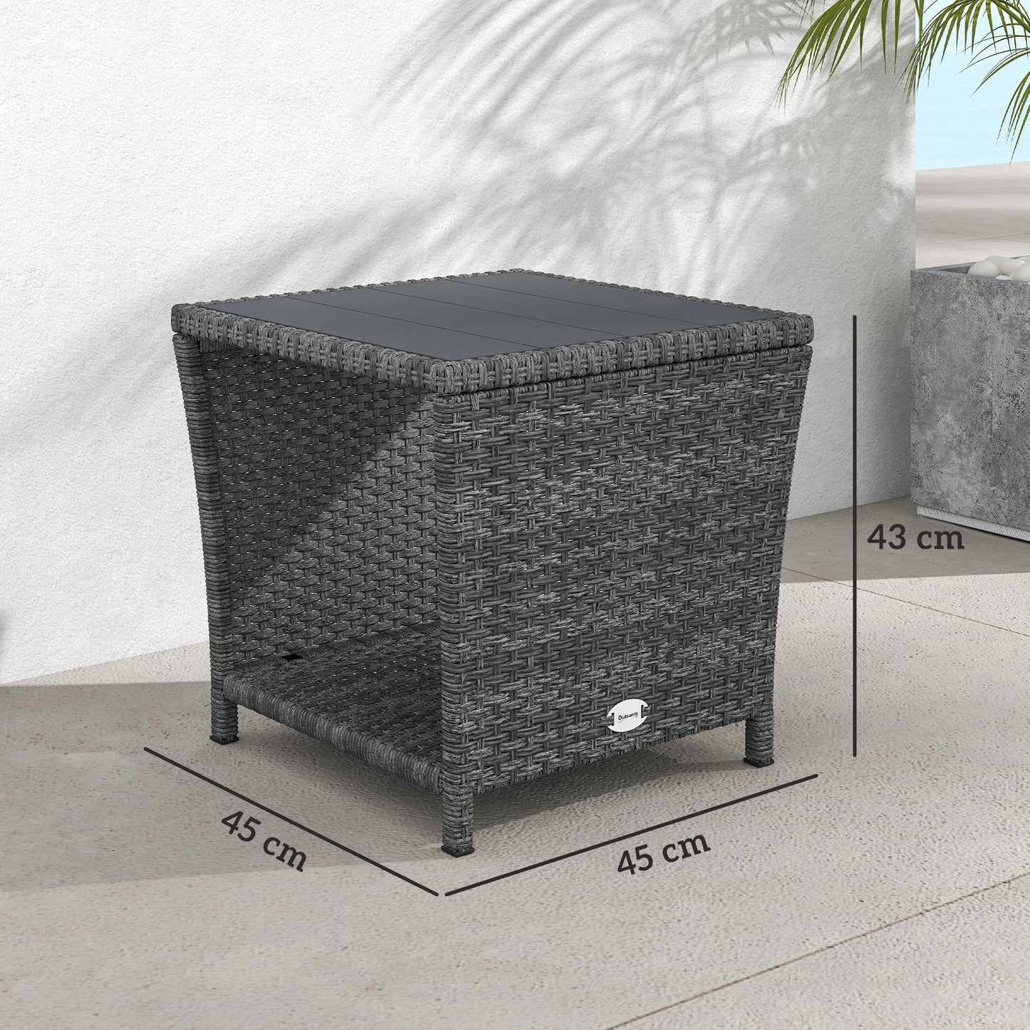 Outsunny 2 Tier Outdoor Side Table With Storage Shelf PS Wood Slat Top Grey Patio Coffee Table