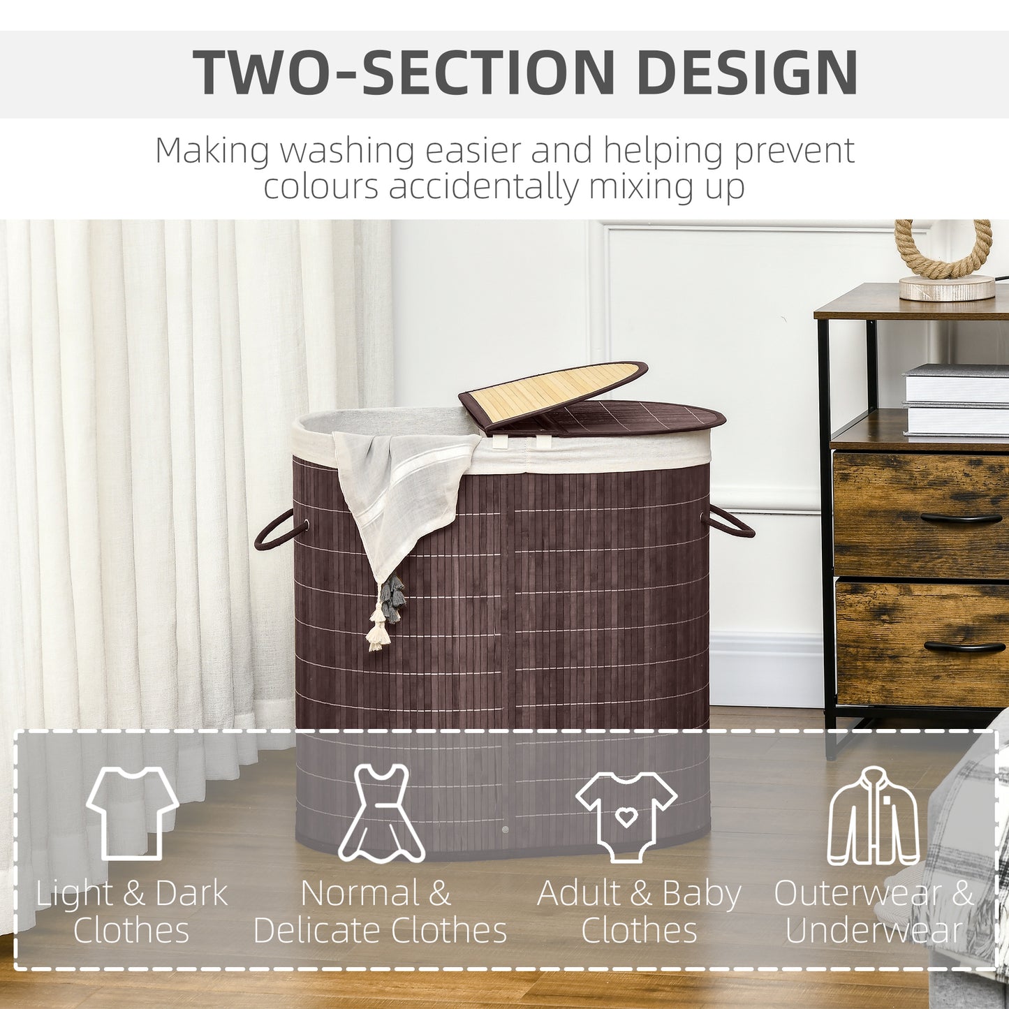 HOMCOM 100L Bamboo Laundry Basket With Lid And Removable Liner Two Compartments Handles Brown
