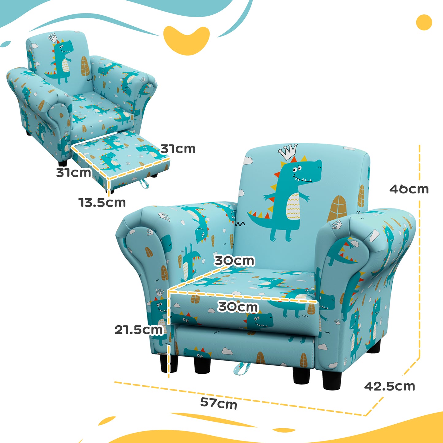 AIYAPLAY Dinosaur-Themed 2-Piece Toddler Sofa Set with Wooden Frame, Ideal for Ages 1.5-3 Years, Blue - ALL4U RETAILER LTD