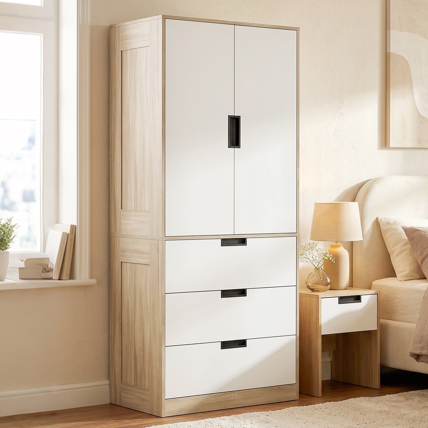 HOMCOM Modern Oak And White Wardrobe With Hanging Rod 3 Drawer 2 Door Storage Cupboard