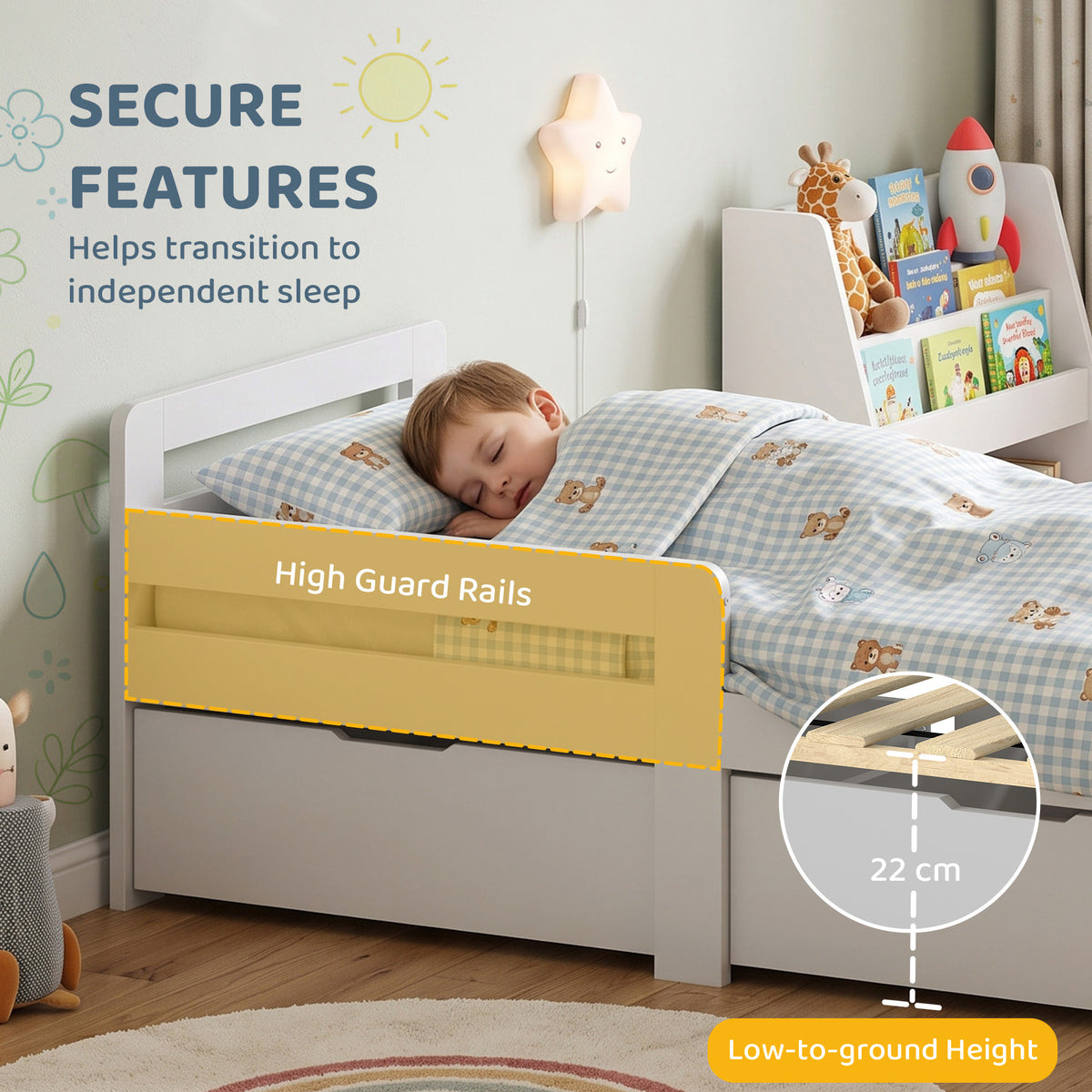 AIYAPLAY grey wooden kids bed with high guard rails and open storage drawers