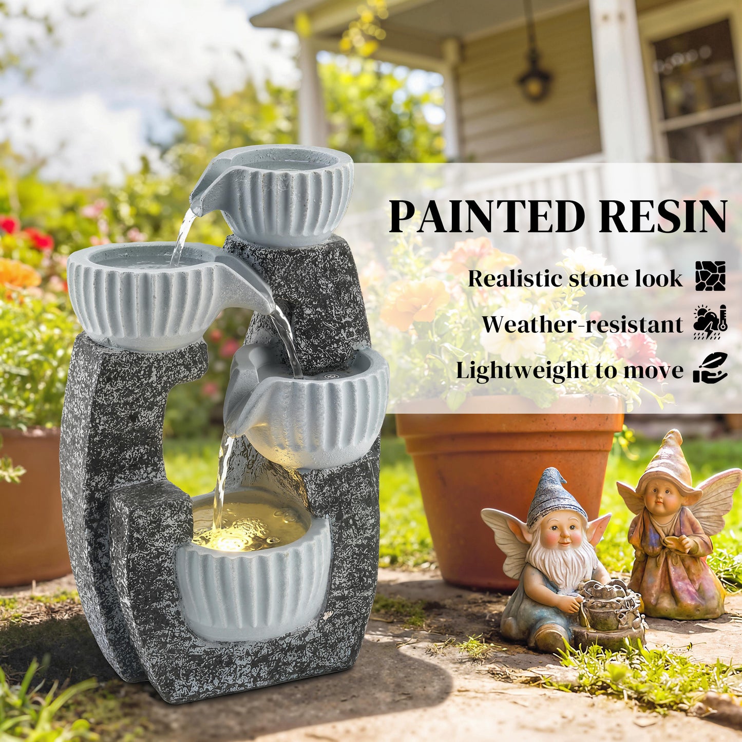 Outsunny 4 Tier Bowl Water Feature Indoor Outdoor Garden Fountain with Pump LED Lights Resin Cascading Waterfall