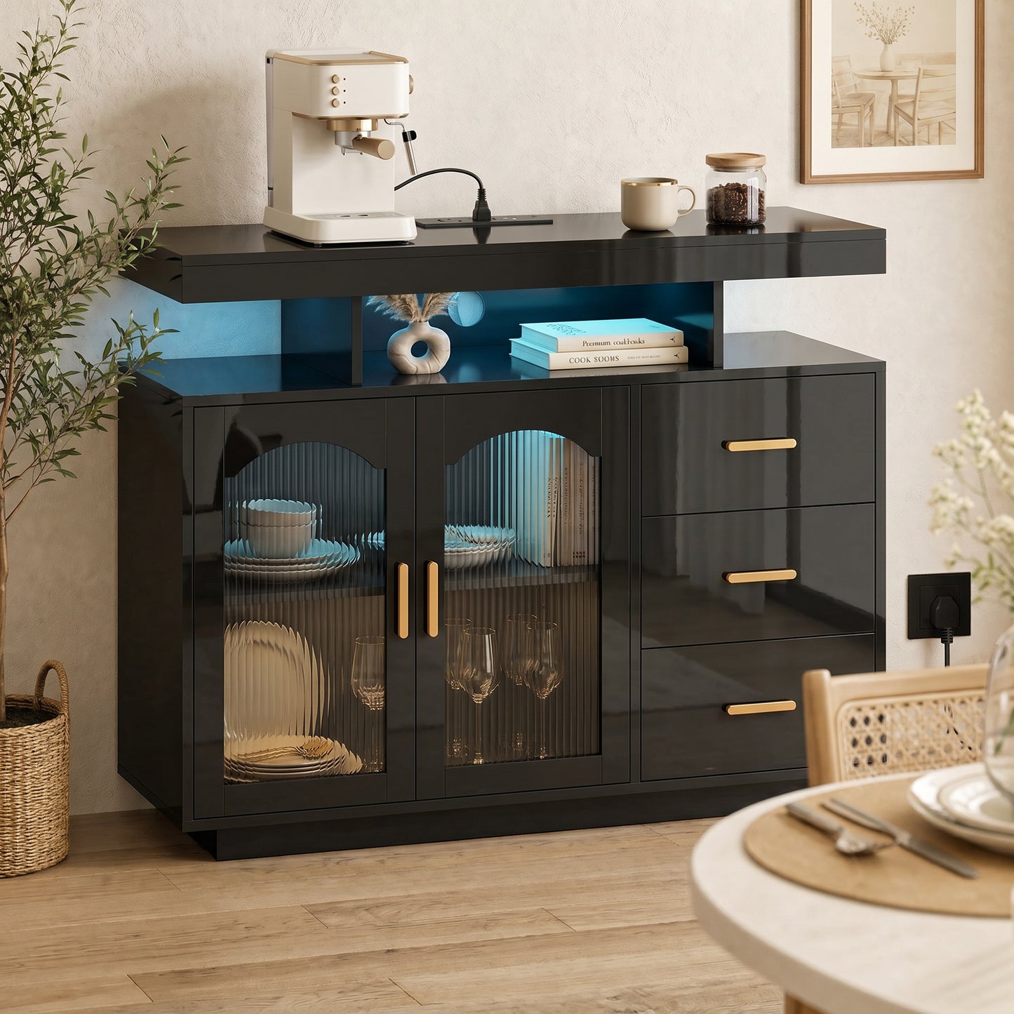 HOMCOM High Gloss Sideboard With LED Lights Built In Power Outlets 3 Drawers Shelves And 2 Acrylic Doors Black