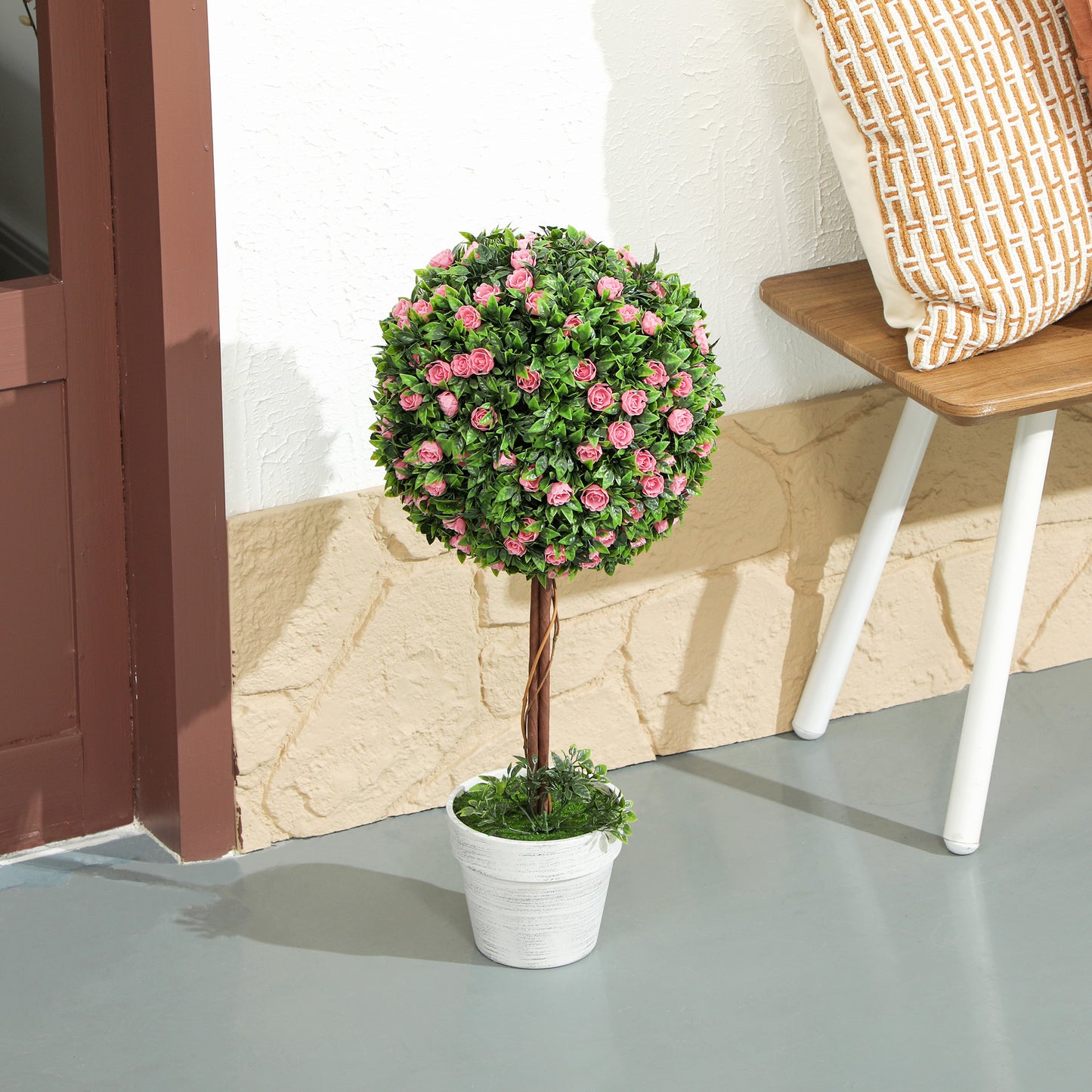 HOMCOM Set of 2 Decorative Artificial Plants Ball Topiary Tree with Rose Flowers in Pot Pink 60cm UV Resistant