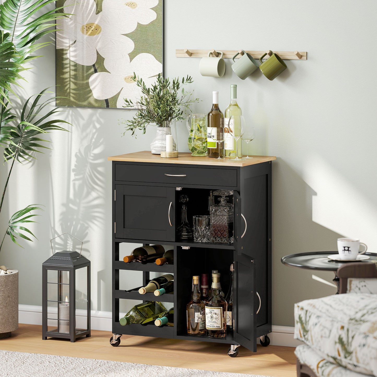 HOMCOM Modern Kitchen Trolley Rolling Island Storage Cart With Drawer 9 Bottle Wine Rack Door Cabinets Black