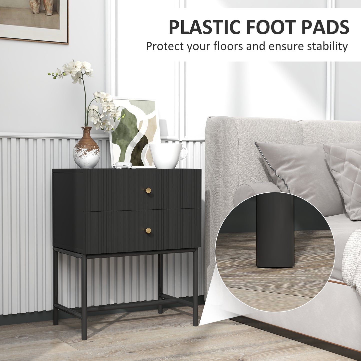 Homcom Elegant Two Drawer Bedside Table Set Of 2 Black Nightstands With Gold Handles