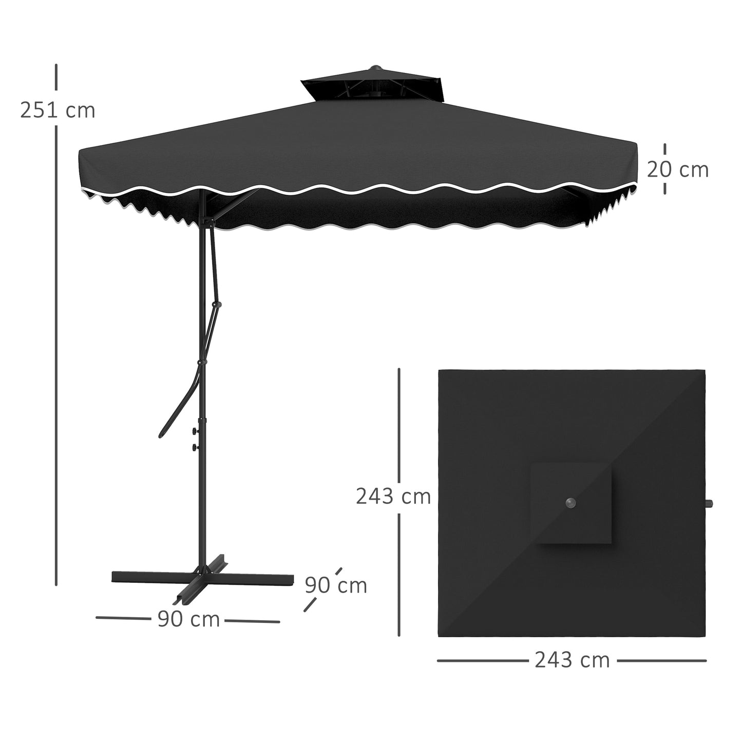 Outsunny 2.5m Cantilever Parasol with Easy Lever Square Double Top Garden Umbrella Overhanging Sun Shade Black