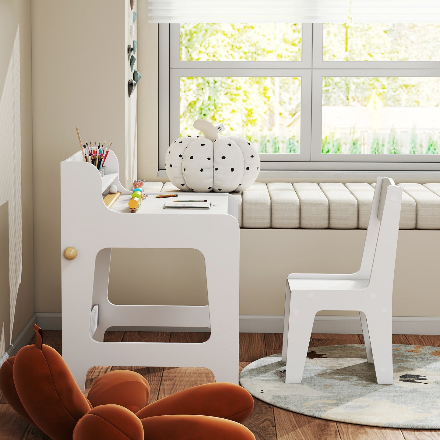 AIYAPLAY Kids Art Table and Chair Set with Storage Shelf and Drawers and Cupholders