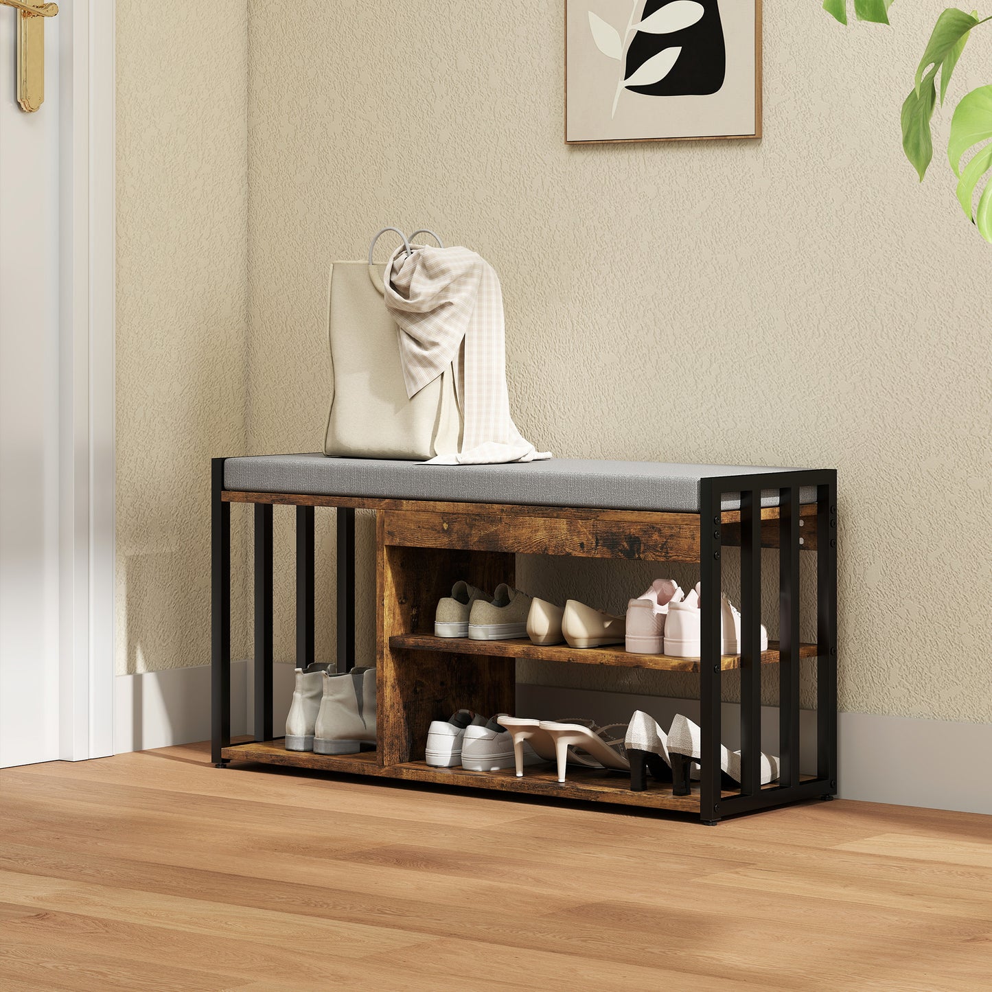 HOMCOM Shoe Storage Bench With Upholstered Seat And Steel Frame Hallway Shoe Organizer With 3 Open Shelves Rustic Brown