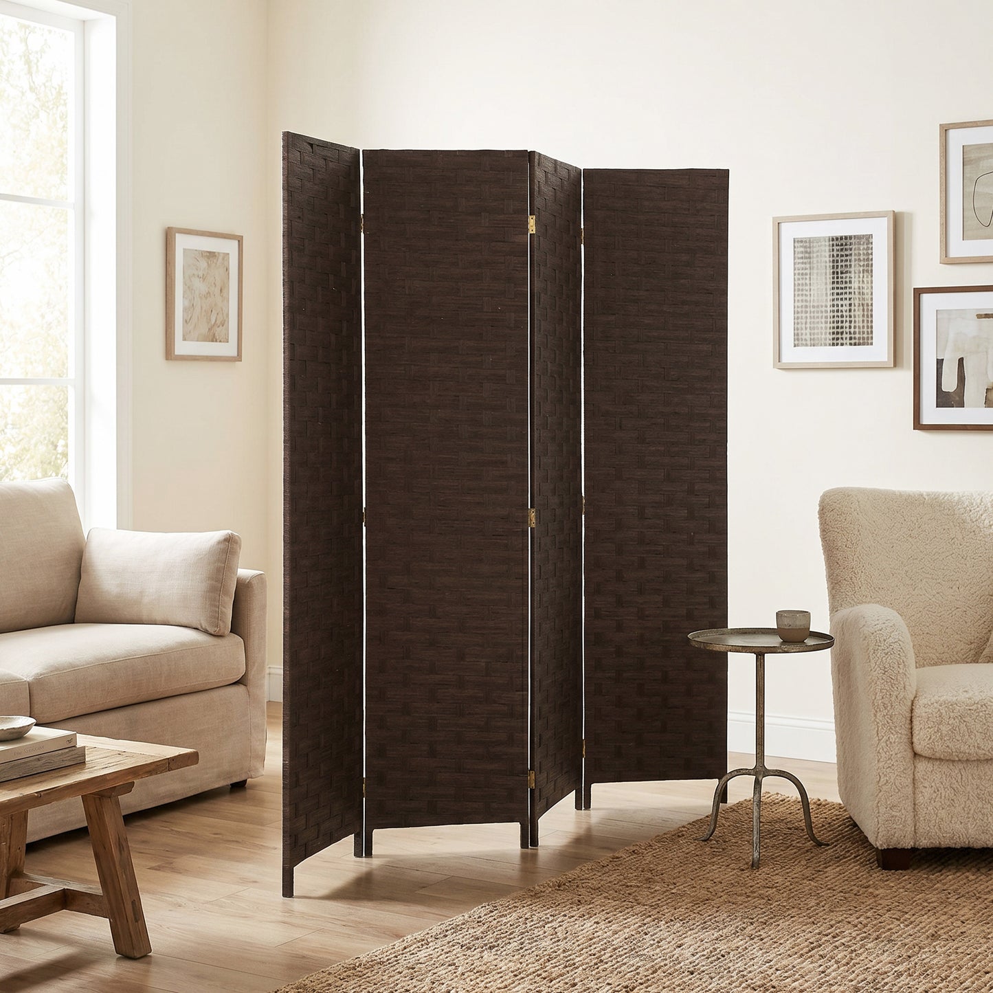 HOMCOM Wave Fibre Freestanding Folding Privacy Screen Four Panels Room Divider Dark Brown