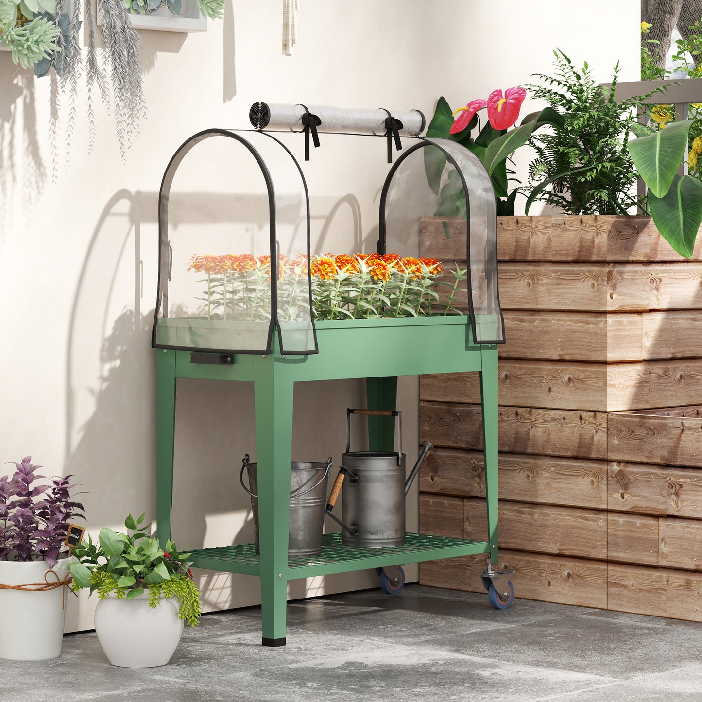 Outsunny Raised Planter With Greenhouse Cover Mobile Elevated Garden Bed On Wheels Bottom Shelf For Vegetables Green