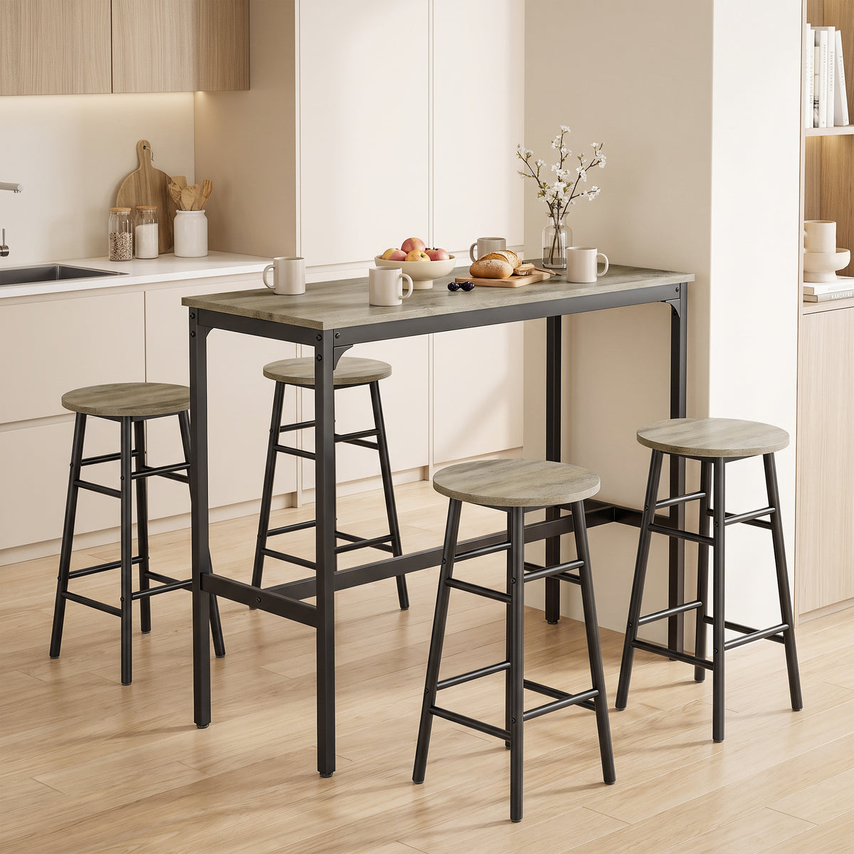 Homcom 5 Piece Industrial Bar Table Set With 4 Tall Grey Stools