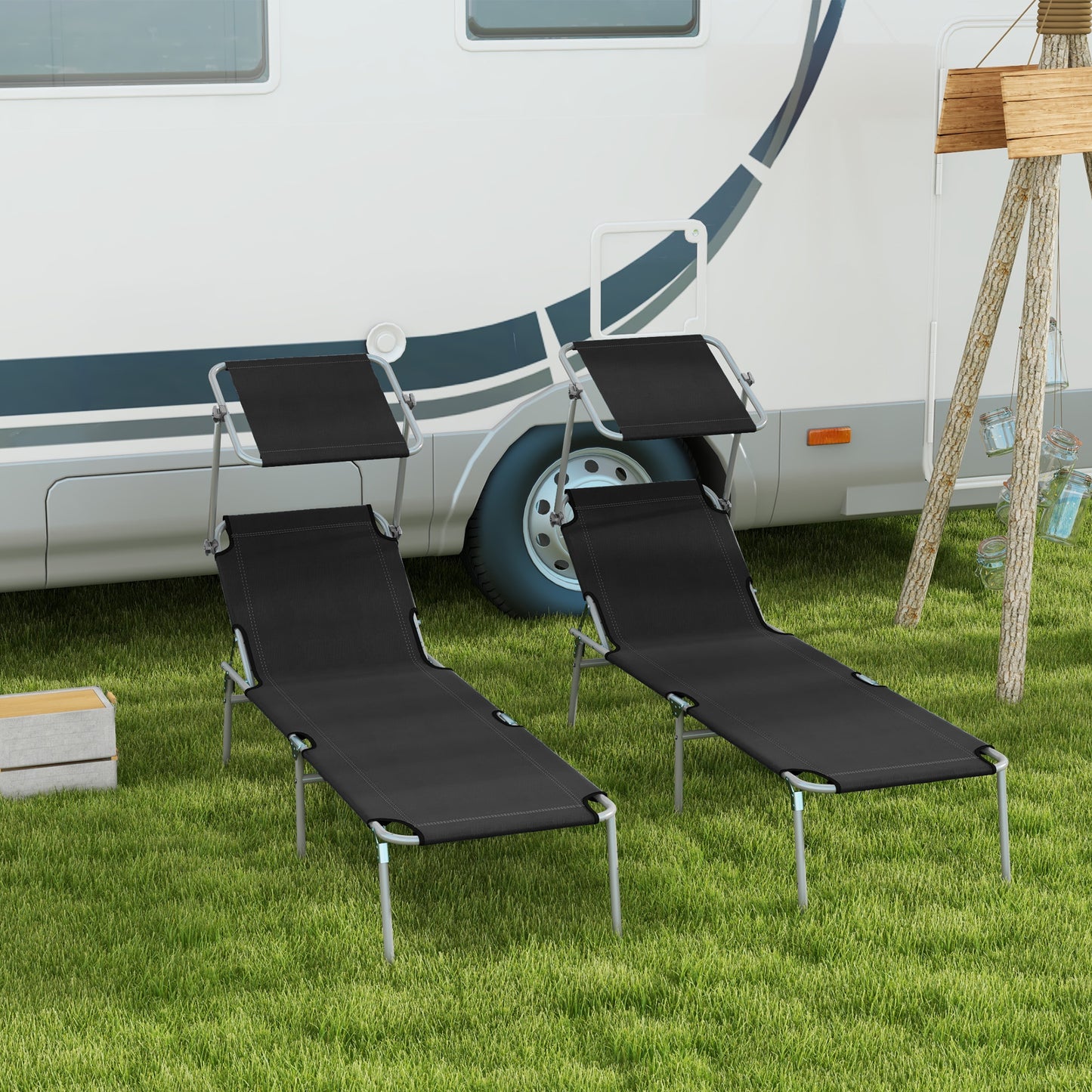 Outsunny Foldable Sun Lounger Set Of 2 With Sun Shade And Adjustable Backrest Black