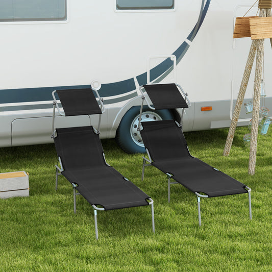 Outsunny Foldable Sun Lounger Set Of 2 With Sun Shade And Adjustable Backrest Black