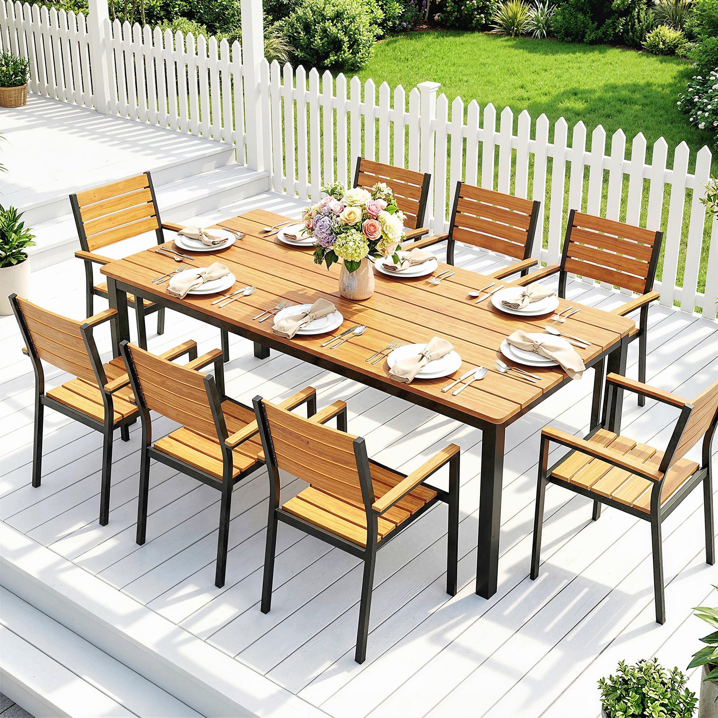 Outsunny Garden Dining Table For 6 To 8 People, 180 By 86 Cm Rectangular Outdoor Table With Wood Slatted Top