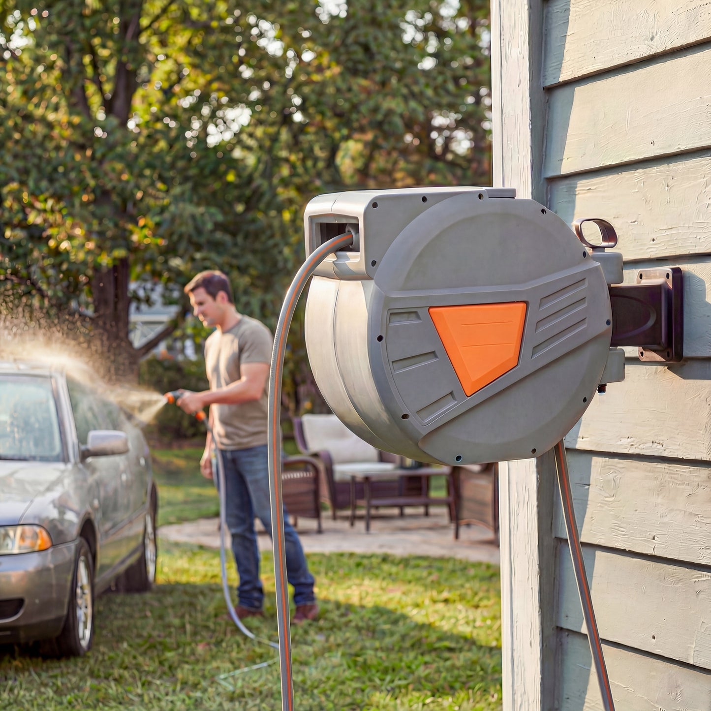 Outsunny Retractable Hose Reel Wall Mounted 30m 2m Garden Hose Pipe Reel With Auto Retraction And Self Locking Orange