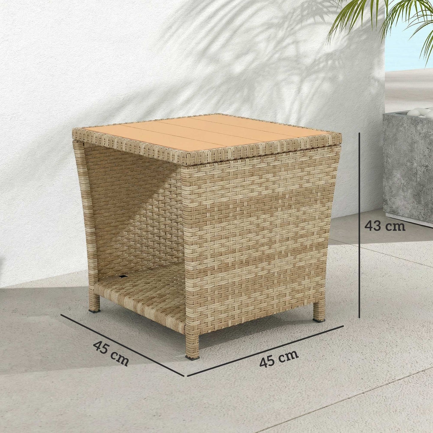 Outsunny Side Table 2 Tier Outdoor Coffee Table With Storage Shelf PS Wood Slat Top Khaki