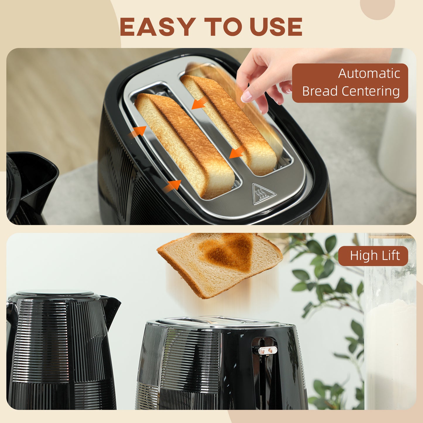 HOMCOM Kettle and Toaster 1.7L 3000W Fast Boil 2 Slice Toaster with 7 Browning Defrost Reheat Boil Dry Protection Black
