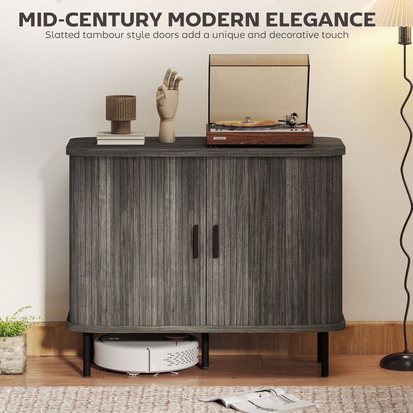 HOMCOM Mid Century Modern Sideboard Storage Cabinet With Slatted Tambour Doors Grey Kitchen Unit With Steel Legs