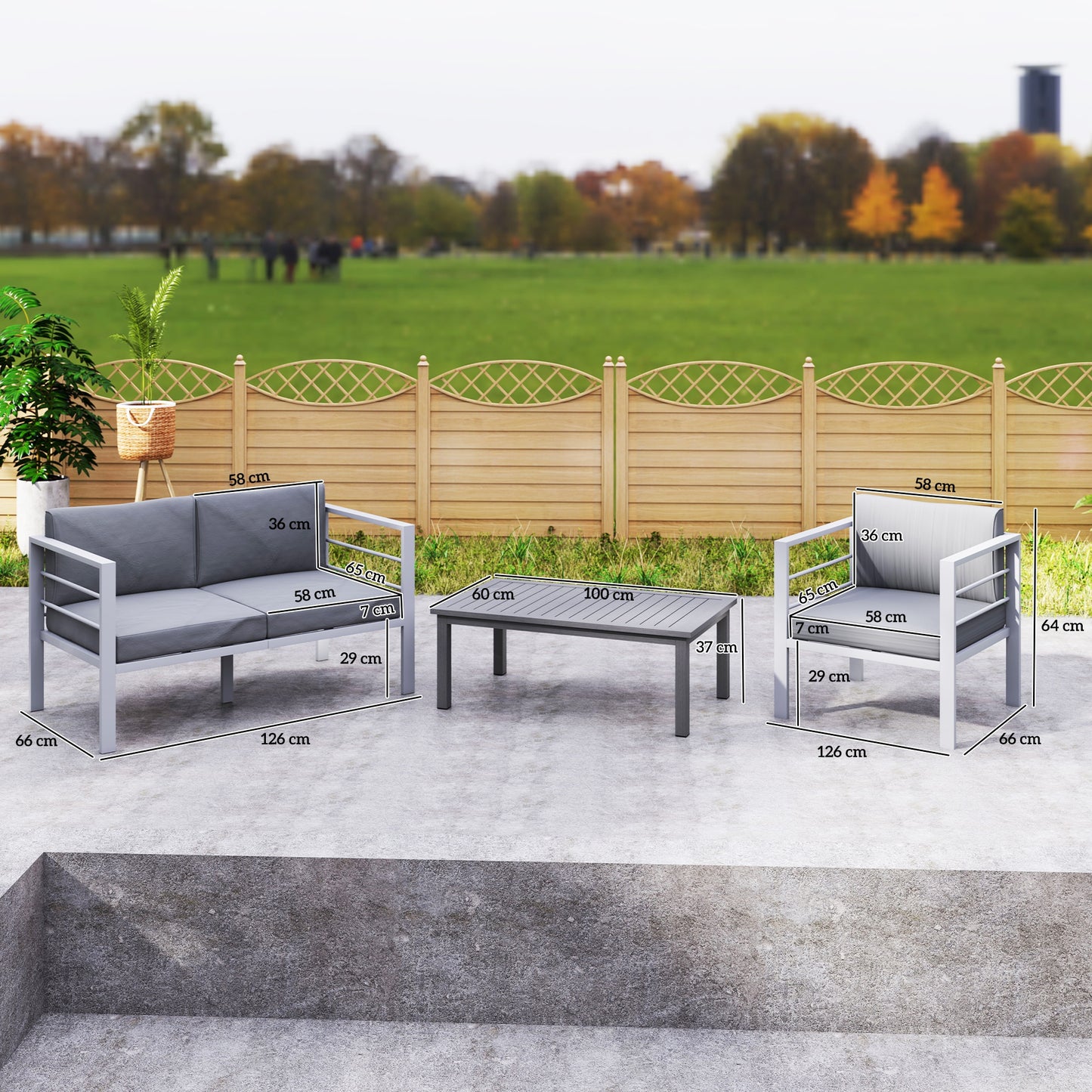 Outsunny 4 Piece Garden Furniture Set Aluminium 4 Seater Sofa with 2 Armchairs Loveseat Coffee Table Charcoal Grey