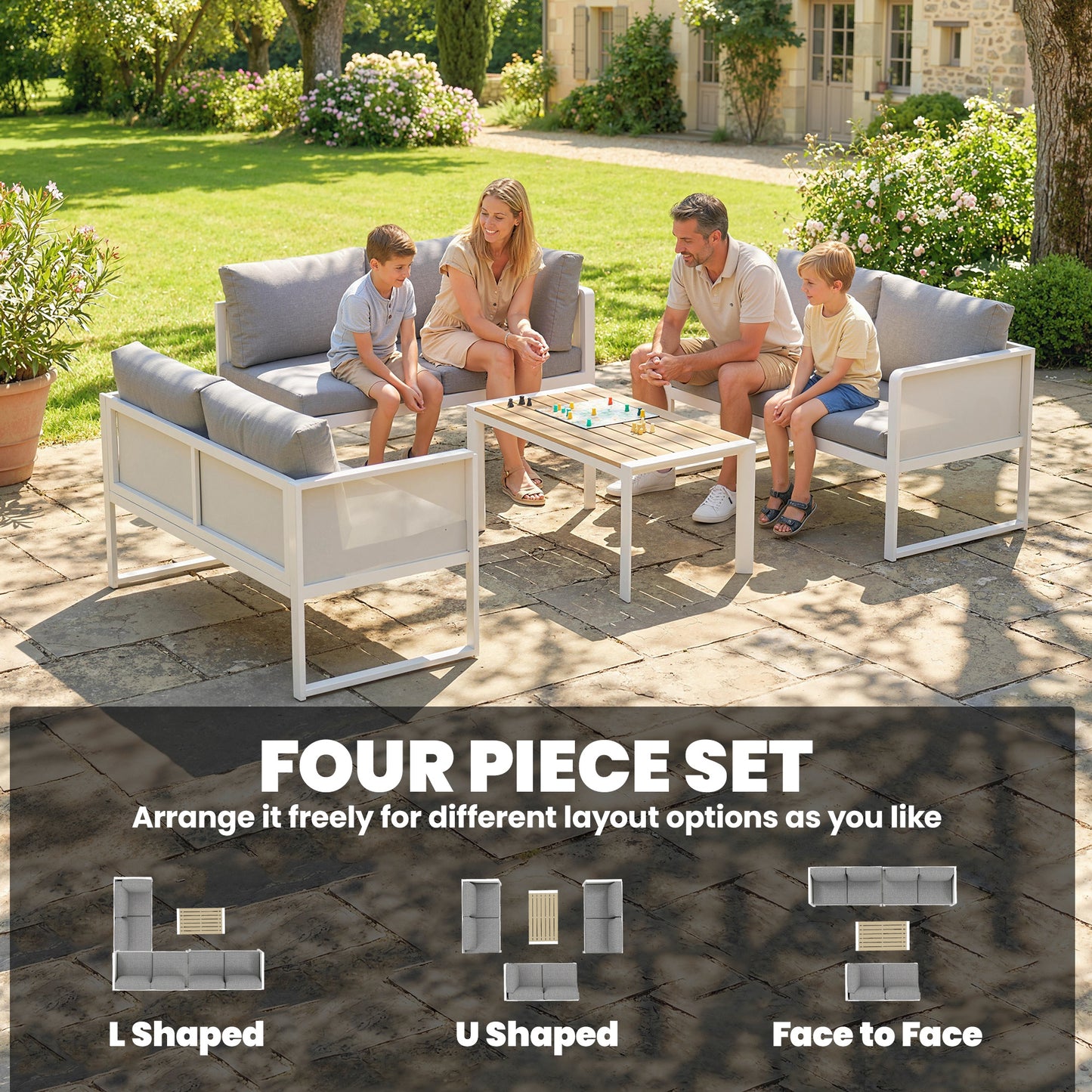 Outsunny 6 Seater Metal Garden Furniture Corner Sofa Set With 3 Loveseats Faux Wood Table Texteline Seat Cushions White
