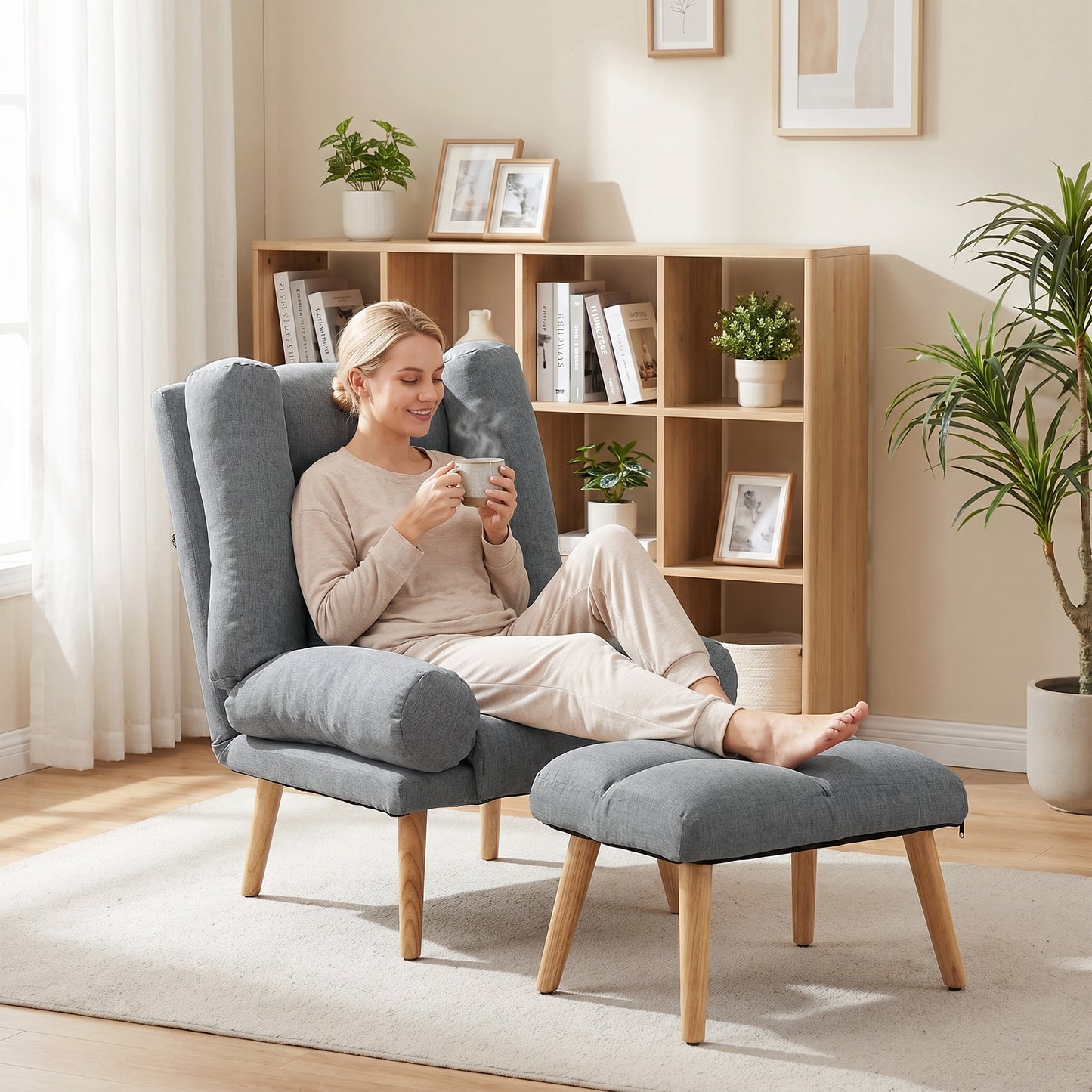 HOMCOM Recliner Chair With Footstool Adjustable Backrest Thick Cushion And Wooden Legs Grey