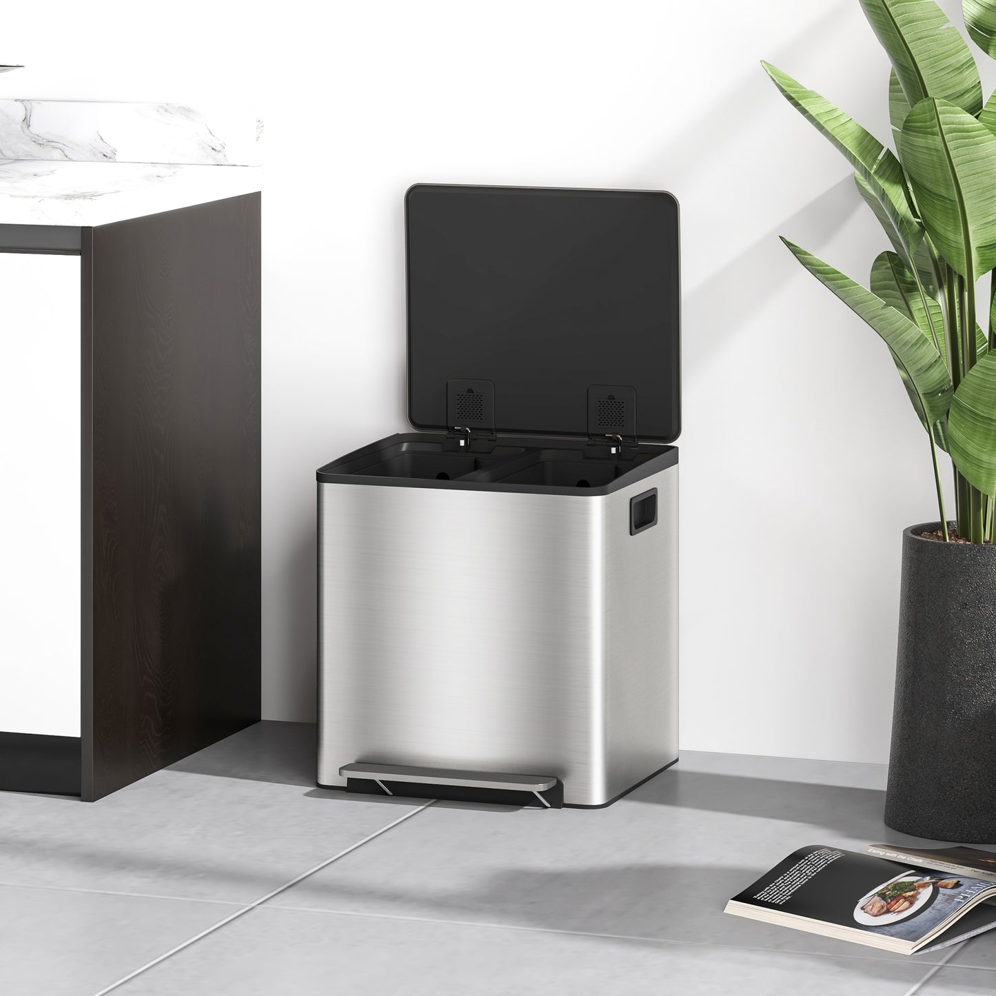Homcom 30L Dual Compartment Stainless Steel Bin With Deodoriser Holders Silver Tone