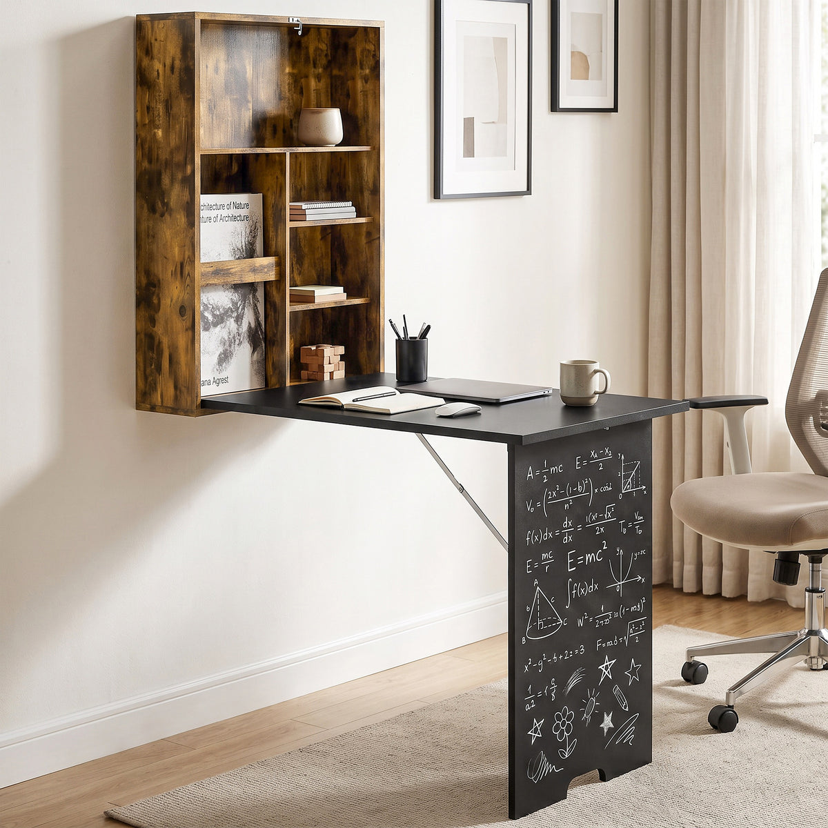 HOMCOM Wall Mounted Folding Drop Leaf Table With Chalkboard And Storage Shelf