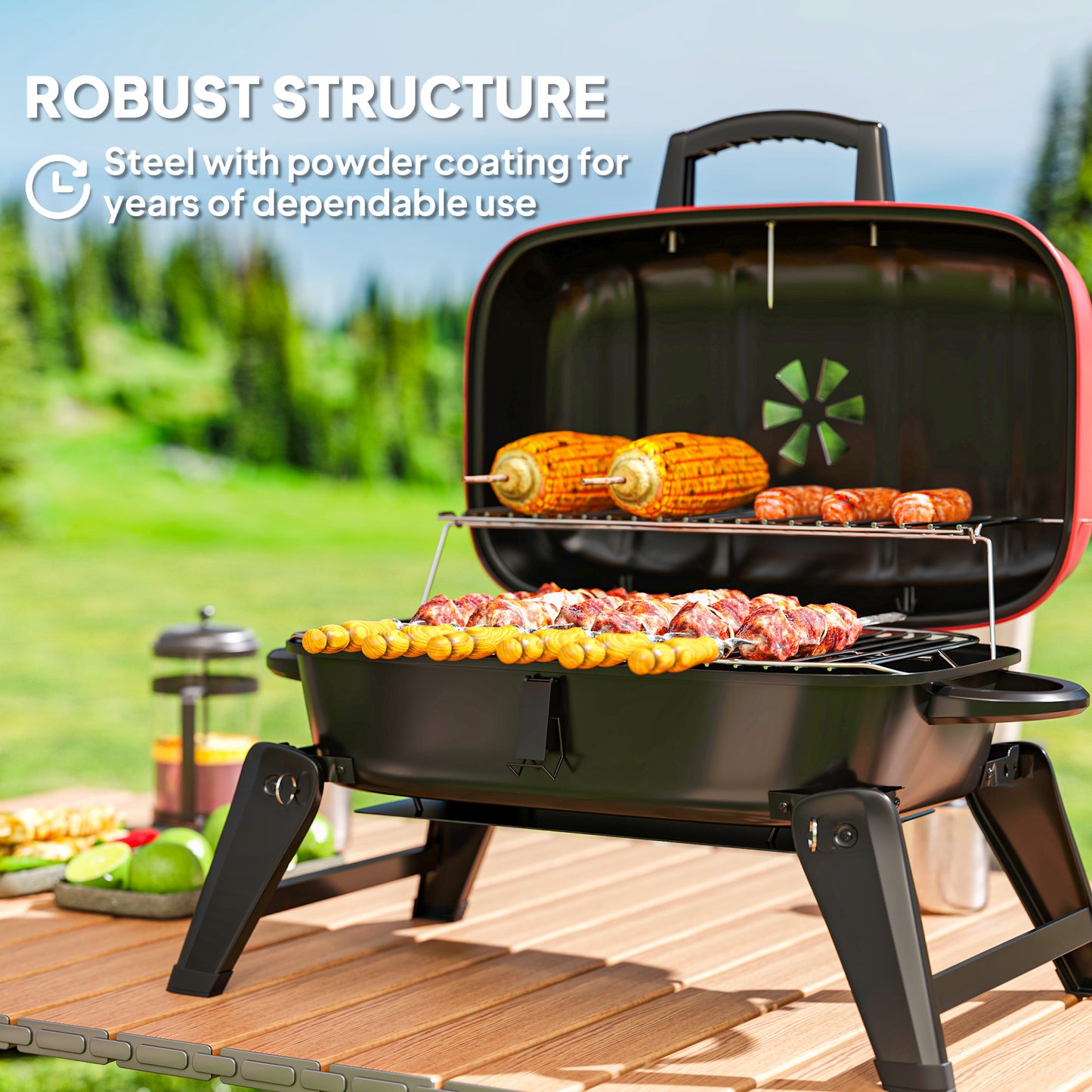 Outsunny Charcoal Folding Barbecue Grill With 1232 CM2 Cooking Area Adjustable Vent Thermometer And Handles Red