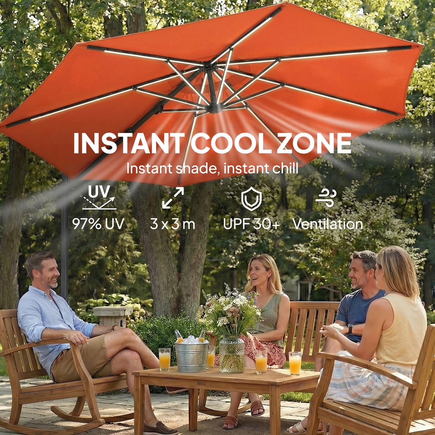 Outsunny 3 m Cantilever Garden Parasol With LED Solar Lights Round Umbrella 360 Degree Rotation Cover Orange