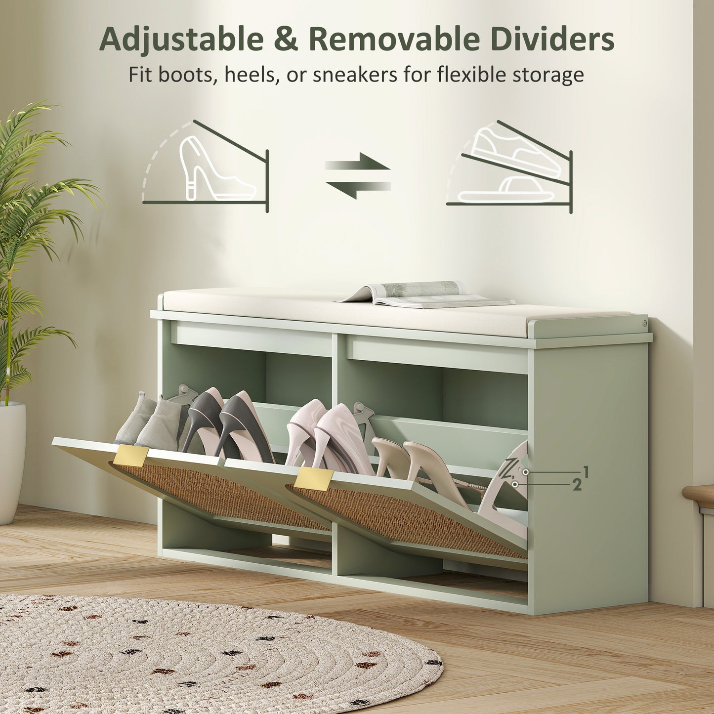 HOMCOM Boho Shoe Bench With Padded Seat And Two Flip Drawers For Entryway Organization In Light Green