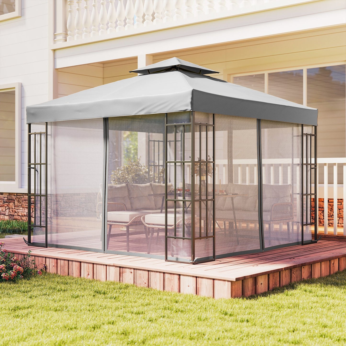 Outsunny 3x3m Patio Gazebo Canopy Garden Pavilion Tent Shelter With Mosquito Netting 2 Tier Roof Light Grey