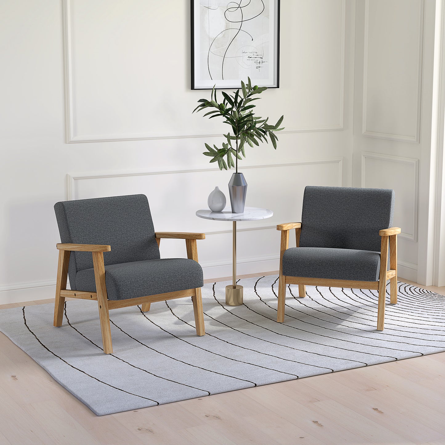 HOMCOM Set of 2 Accent Armchairs, Wooden Upholstered Lounge Chairs with Rubber Wood Legs, Padded Seat, Dark Grey