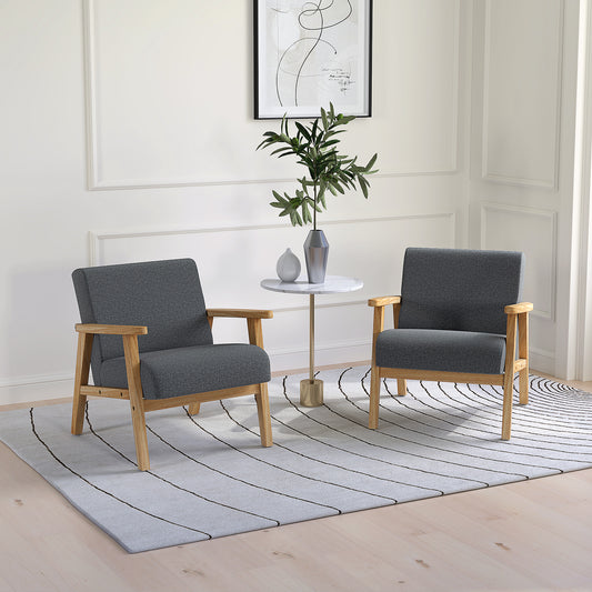HOMCOM Set of 2 Accent Armchairs, Wooden Upholstered Lounge Chairs with Rubber Wood Legs, Padded Seat, Dark Grey