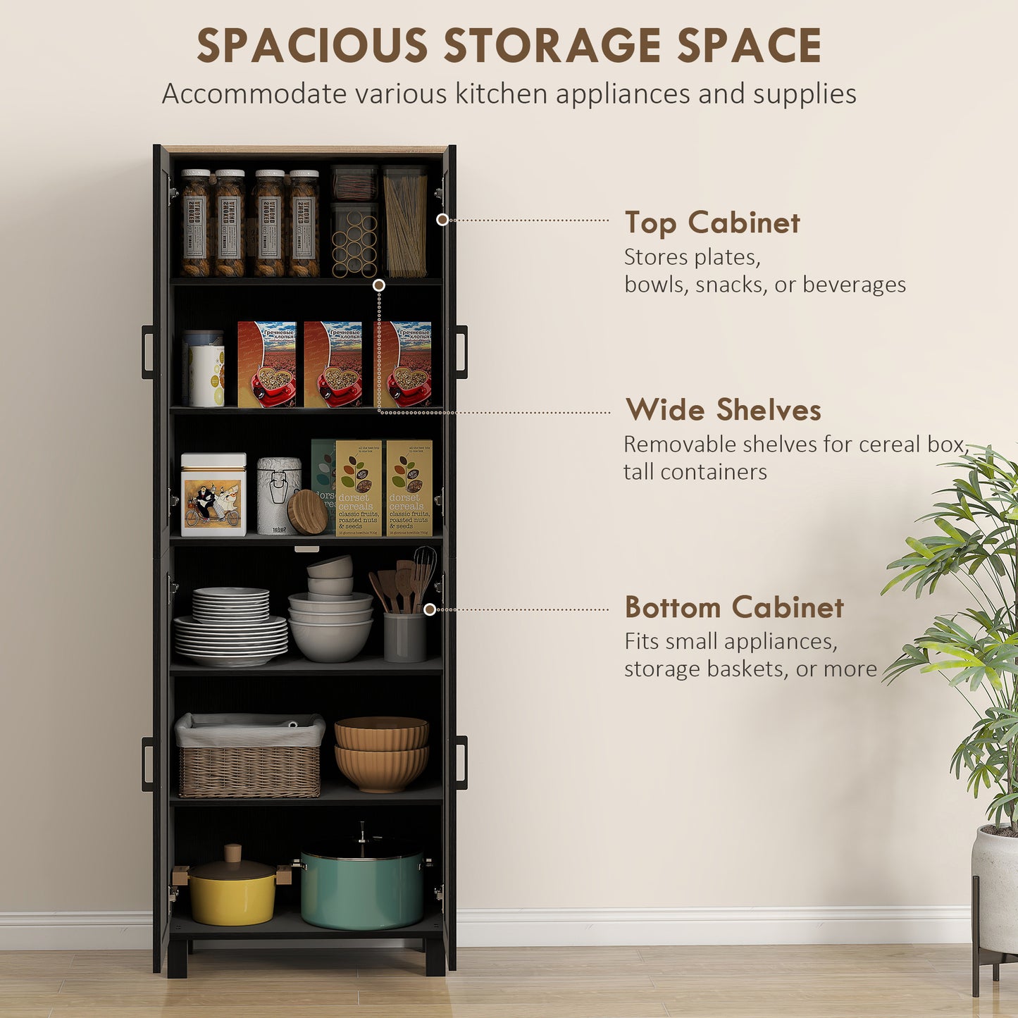 HOMCOM Freestanding 4-Door Kitchen Cupboard With Adjustable Shelves Tall Storage Cabinet 170cm Black