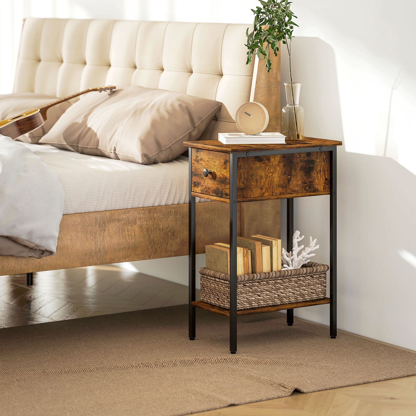 HOMCOM Narrow Side Table With Drawer And Storage Shelf Industrial Rustic Brown And Black Frame