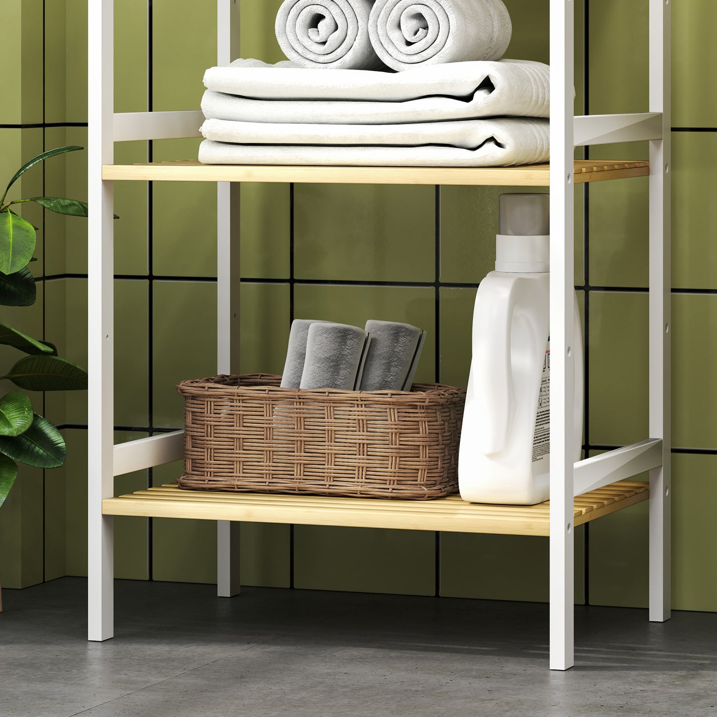 HOMCOM Bamboo Bathroom Shelf Storage Unit With Three Tier Design And Five Adjustable Levels