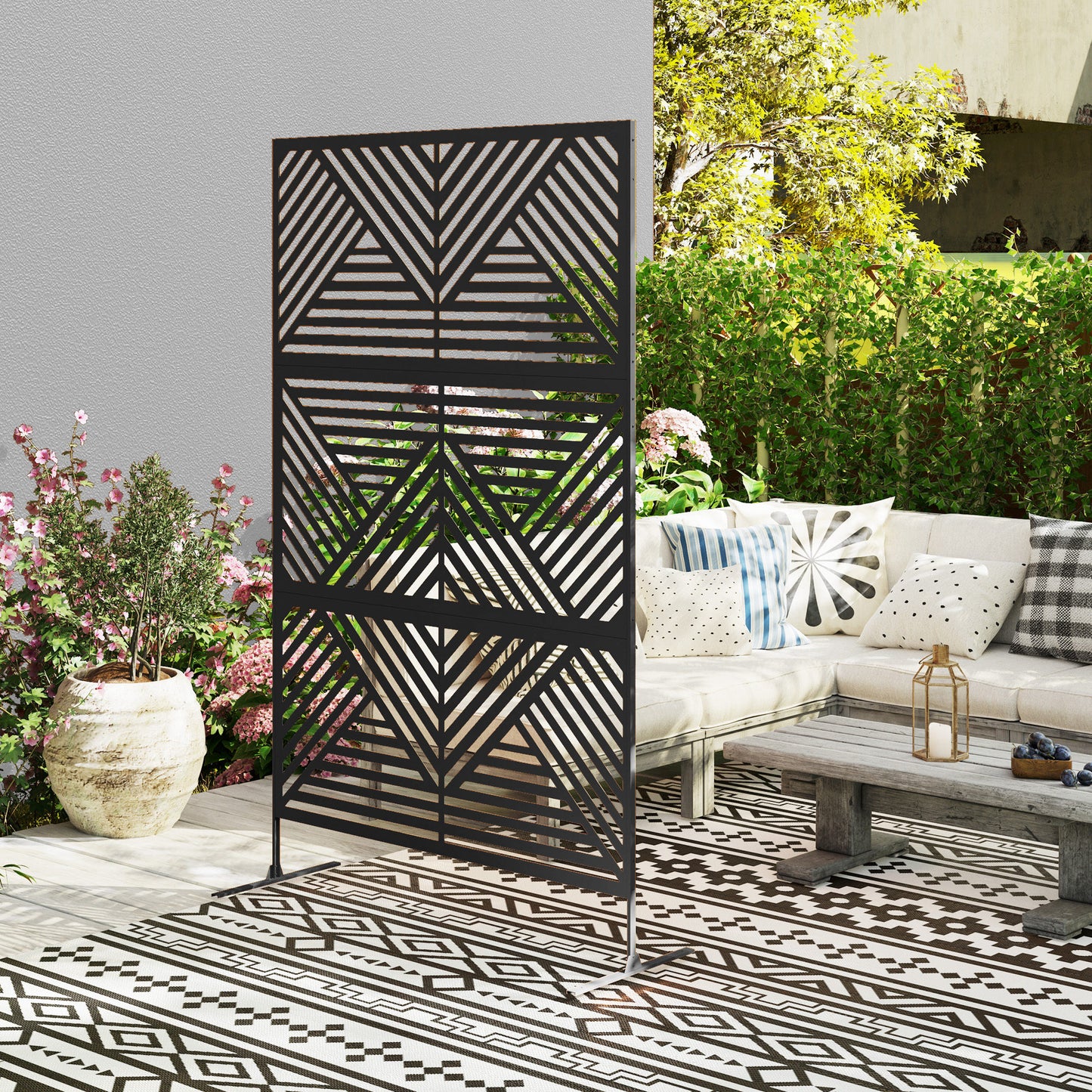 Outsunny 6.5ft Freestanding Metal Outdoor Privacy Screen With Stand Rhombus Style Black Garden Divider