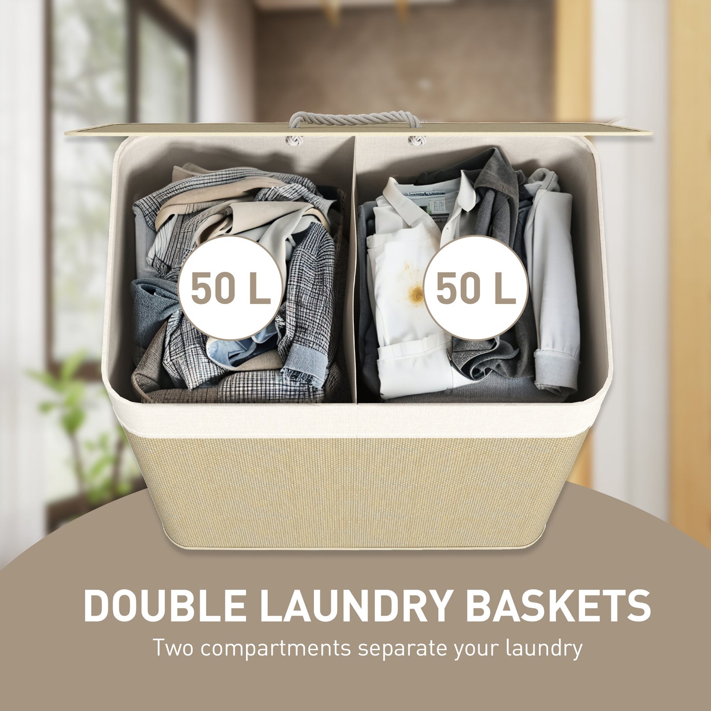 HOMCOM Double Laundry Hamper With Lid 100L Bamboo Basket With Rope Handles And Removable Liner Cream White