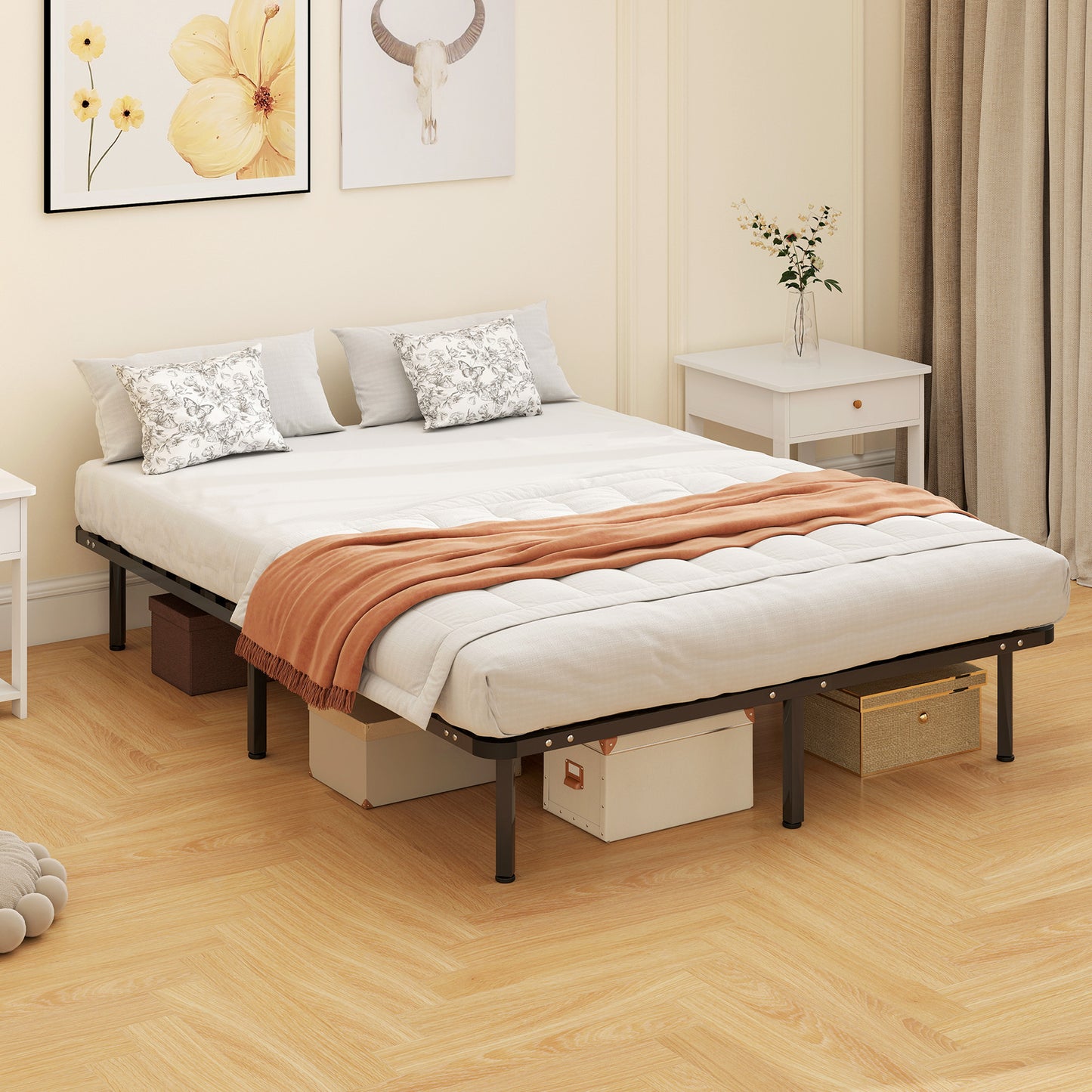 HOMCOM 4ft6 Double Bed Frame Metal Platform Bed With 2 By 14 Slats No Box Spring Needed Underbed Storage Black
